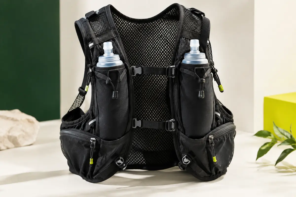Gilet d’hydratation noir avec deux flasques souples dans les poches poitrine, présenté en studio.