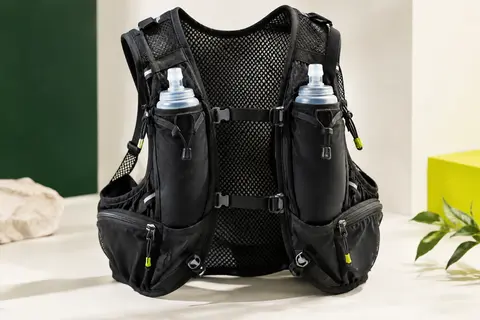 Gilet d’hydratation noir avec deux flasques souples dans les poches poitrine, présenté en studio.