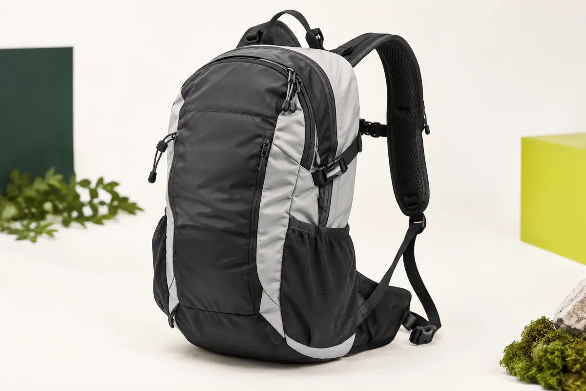 Sac à dos de randonnée compact noir et gris, avec poches latérales extensibles et bretelles matelassées
