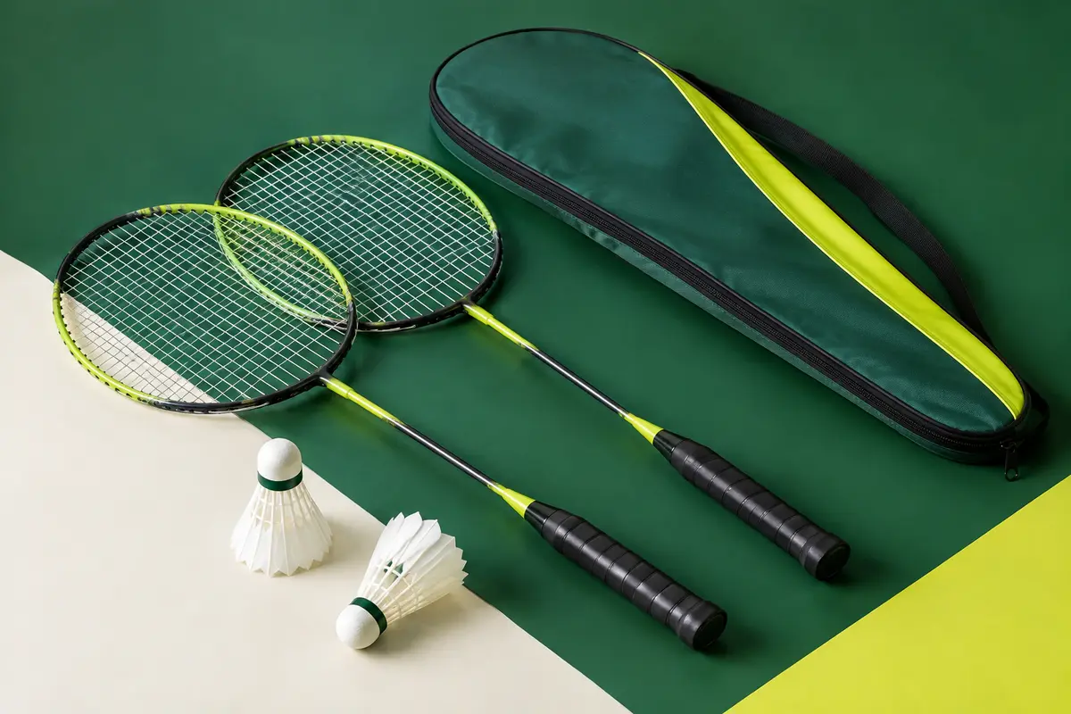 Deux raquettes de badminton junior en acier, deux volants et une housse 3/4 présentés en studio