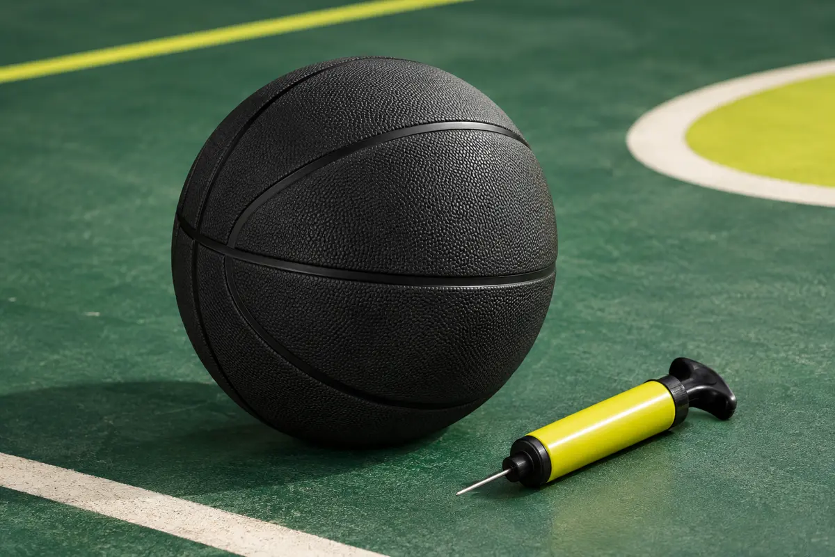 Ballon de basket Senston noir en caoutchouc avec canaux larges et pompe incluse, présenté sur un fond sportif sobre.
