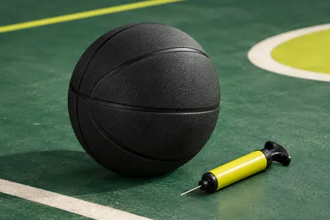 Ballon de basket Senston noir en caoutchouc avec canaux larges et pompe incluse, présenté sur un fond sportif sobre.