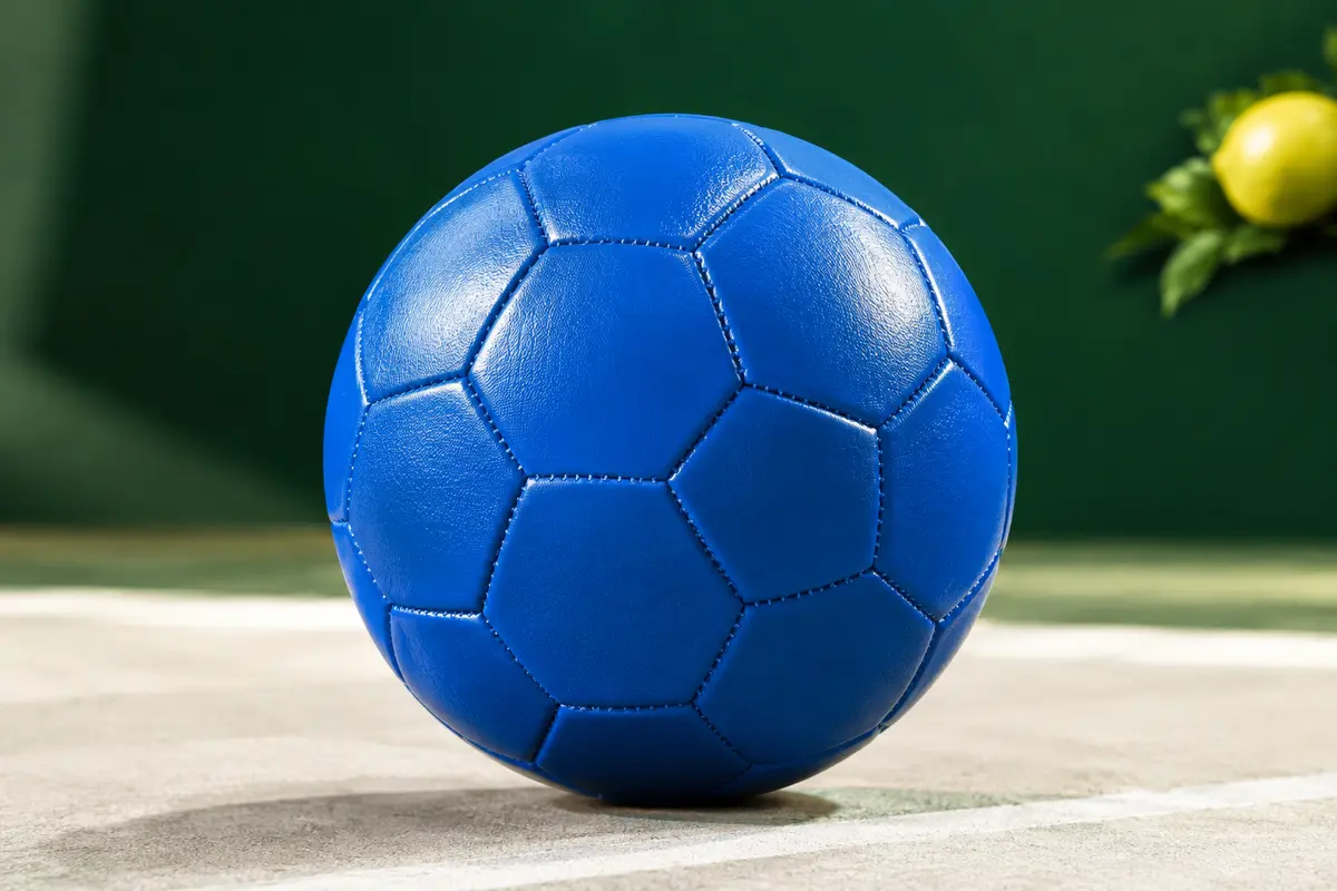 Ballon de football bleu taille 5 avec panneaux cousus, posé sur un fond sportif vert profond