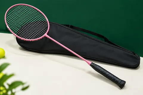 Raquette de badminton rose en carbone avec tête isométrique, bande de préhension et housse.