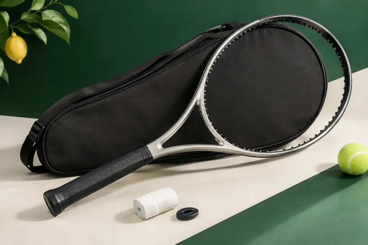 Raquette de tennis adulte de 27 pouces non cordée, avec son sac, un surgrip et un amortisseur de vibration.