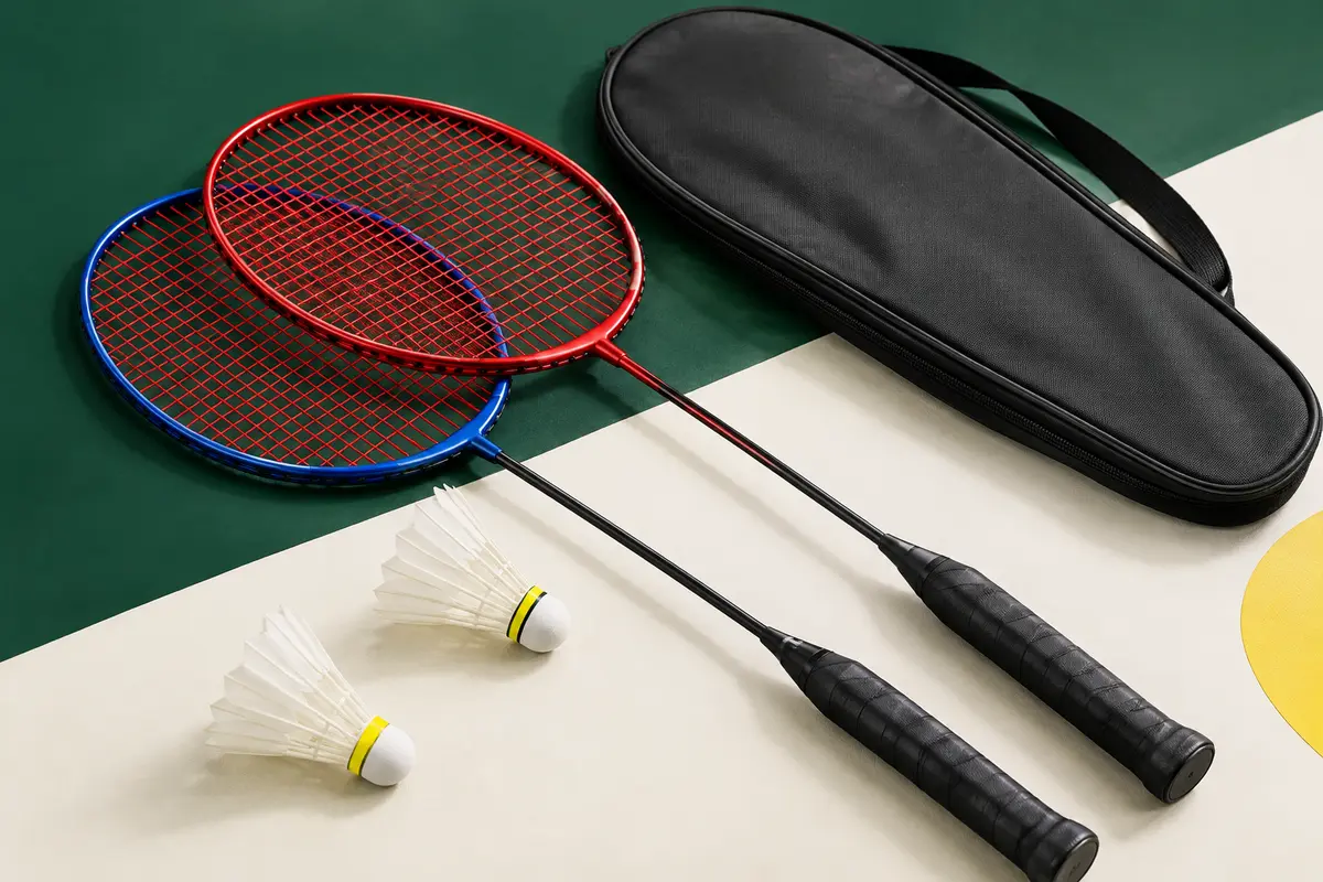 Deux raquettes de badminton rouge et bleue avec des volants et un sac sur un fond de studio clair