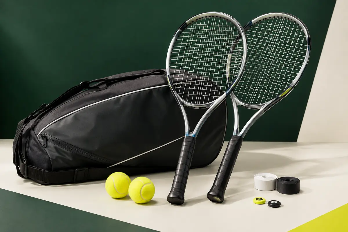 Deux raquettes de tennis adultes en aluminium présentées avec un sac et leurs accessoires de jeu