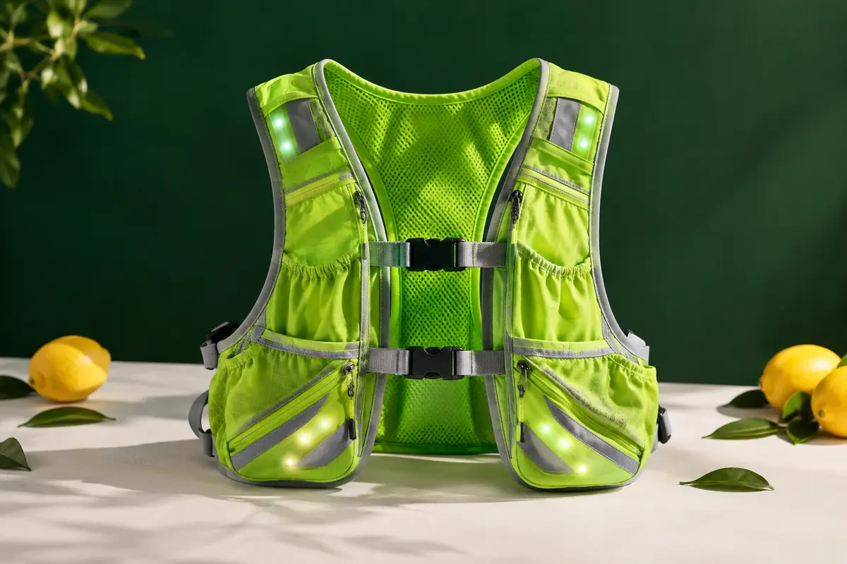Gilet de course vert à sangles réglables, avec éléments réfléchissants et éclairage LED intégré