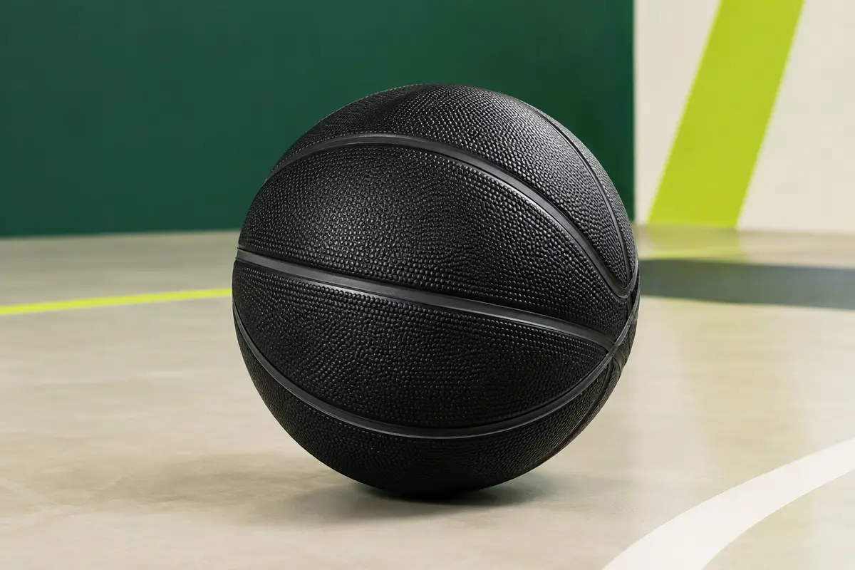 Ballon de basket lesté noir en cuir synthétique posé sur un sol sportif sobre et lumineux