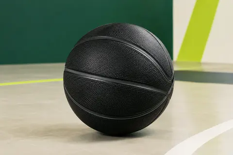 Ballon de basket lesté noir en cuir synthétique posé sur un sol sportif sobre et lumineux