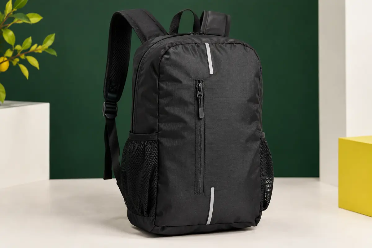 Sac à dos pliable noir de 10 litres avec poche avant zippée, bretelles réglables et poches latérales