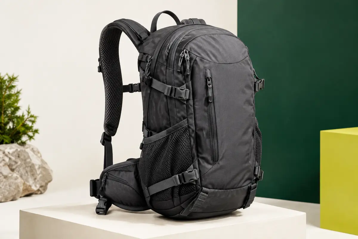 Sac à dos de randonnée gris foncé de 20 litres avec bretelles en maille, poches et sangles réglables.