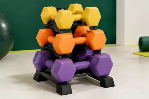Six haltères hexagonaux jaune, orange et violet rangés sur leur support compact dans un studio sportif