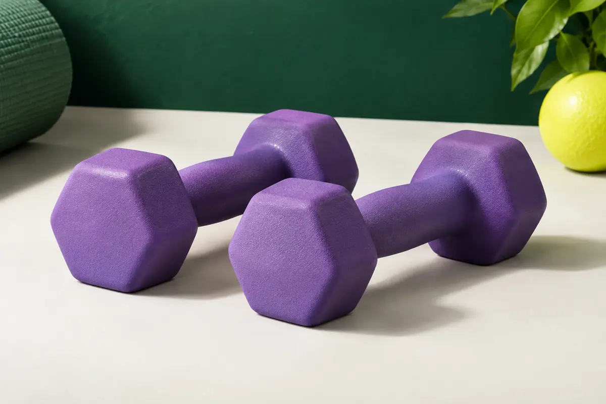 Paire de deux haltères hexagonaux violets SONGMICS de 2 kg, posés sur un fond de studio sportif