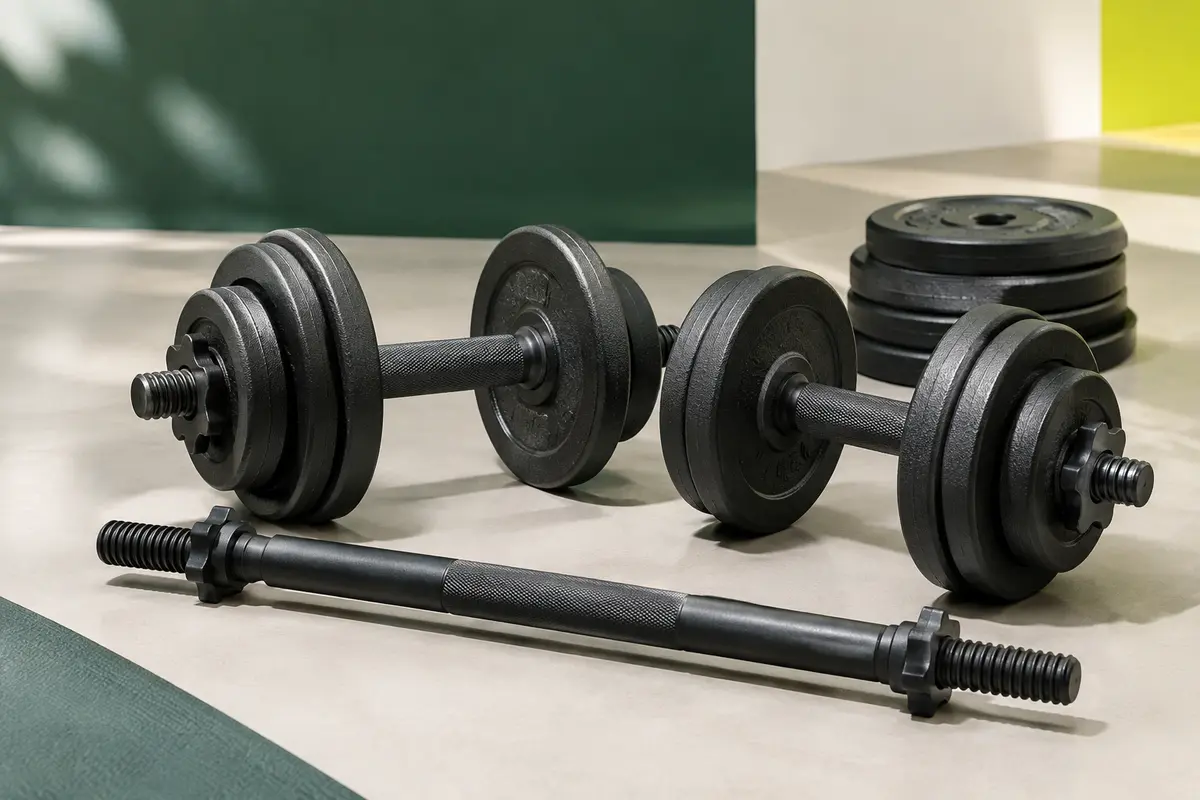 Kit d’haltères réglables noirs avec disques en fonte et barre d’extension sur fond de studio sportif