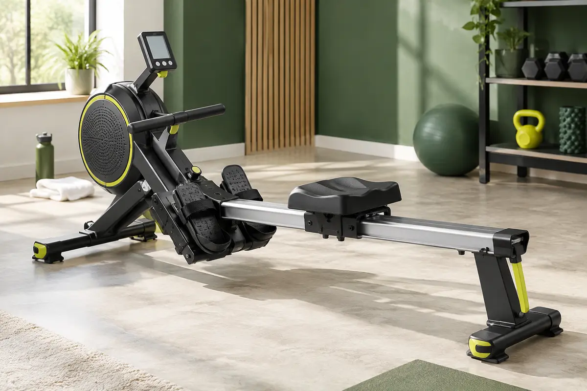 Rameur SportPlus noir à résistance magnétique, avec écran LCD, repose-pieds sanglés et rail pliable