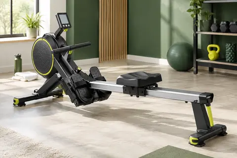 Rameur SportPlus noir à résistance magnétique, avec écran LCD, repose-pieds sanglés et rail pliable