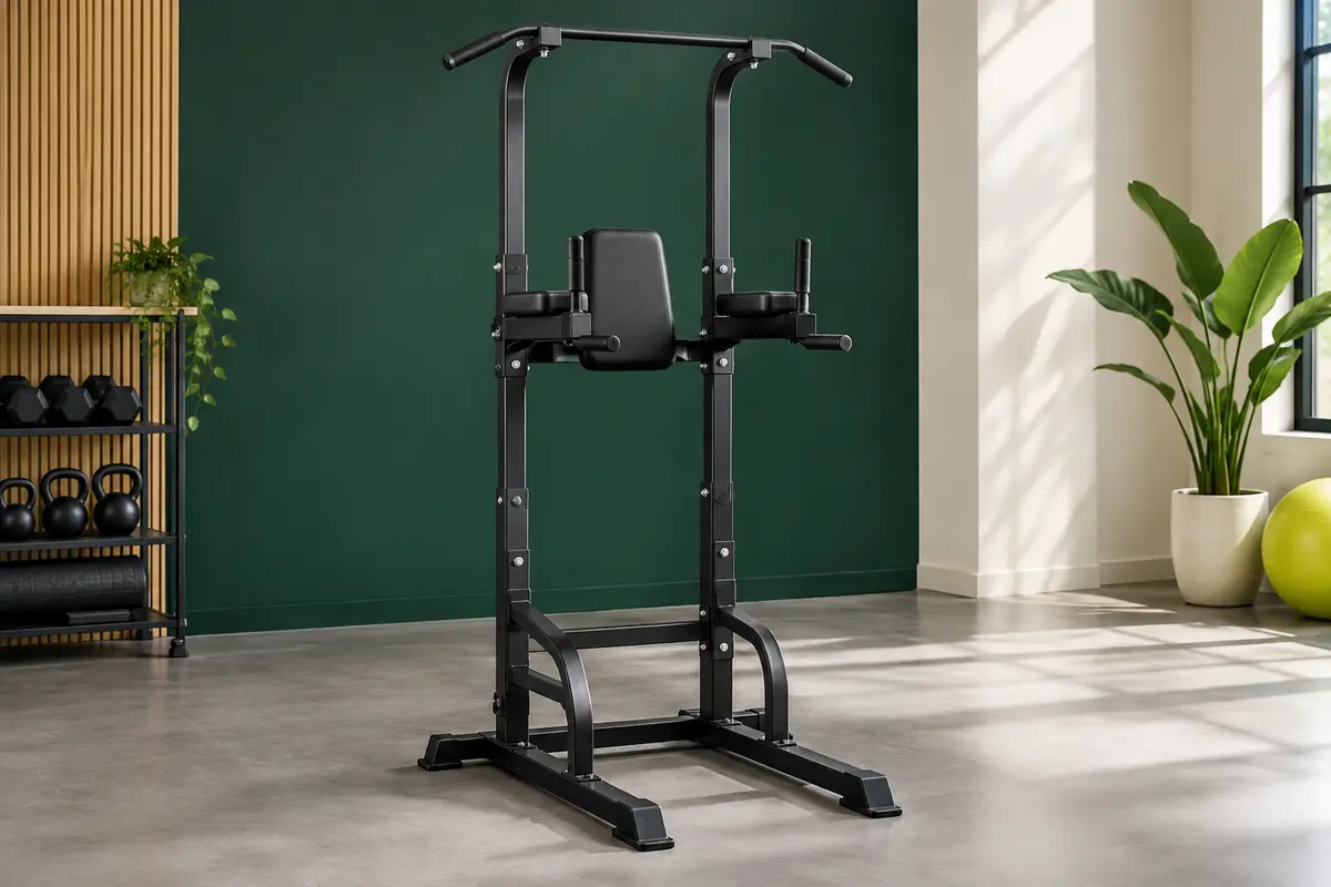 Station de musculation noire Sportsroyals avec barre de traction, dossier et accoudoirs rembourrés