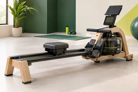 Rameur Sportstech PROwer à finition OAK, rail double et console LED dans un studio sportif sobre.