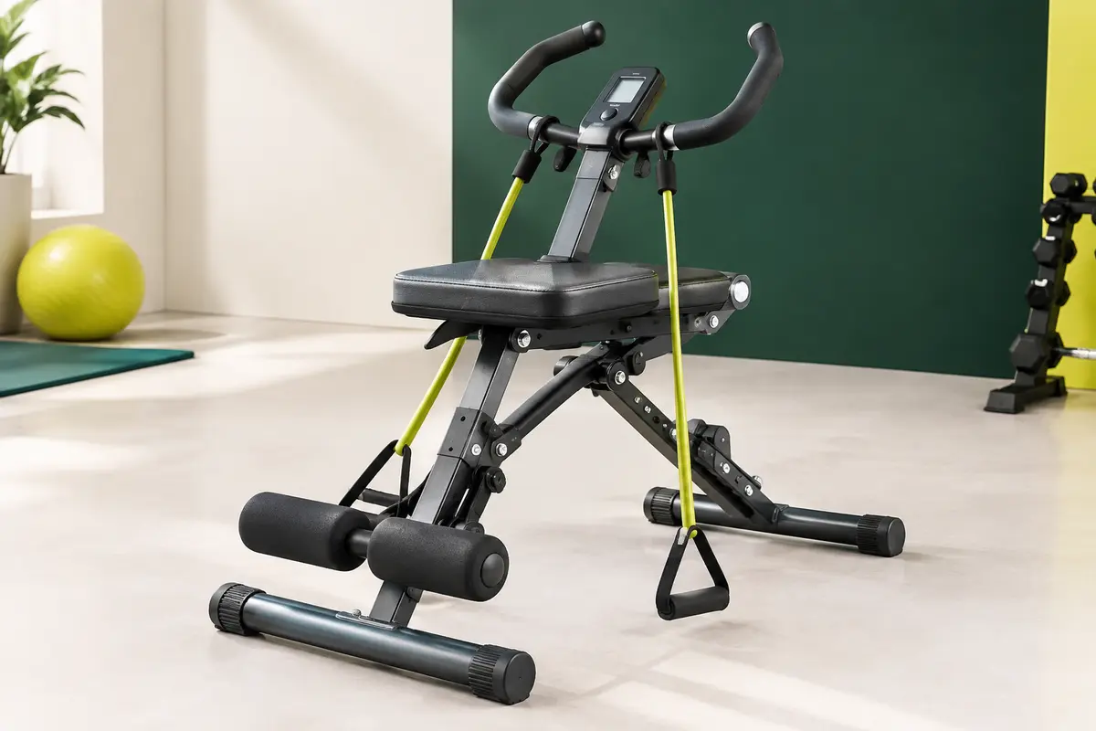 Appareil de squat pliable en acier avec siège réglable, bandes de résistance, poignées et écran LCD.
