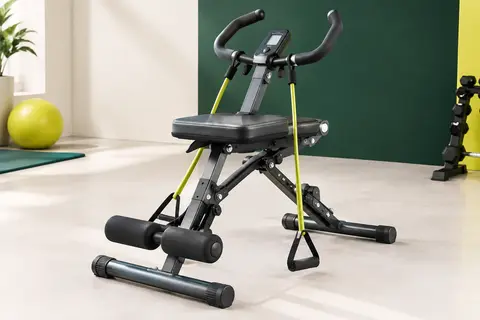 Appareil de squat pliable en acier avec siège réglable, bandes de résistance, poignées et écran LCD.