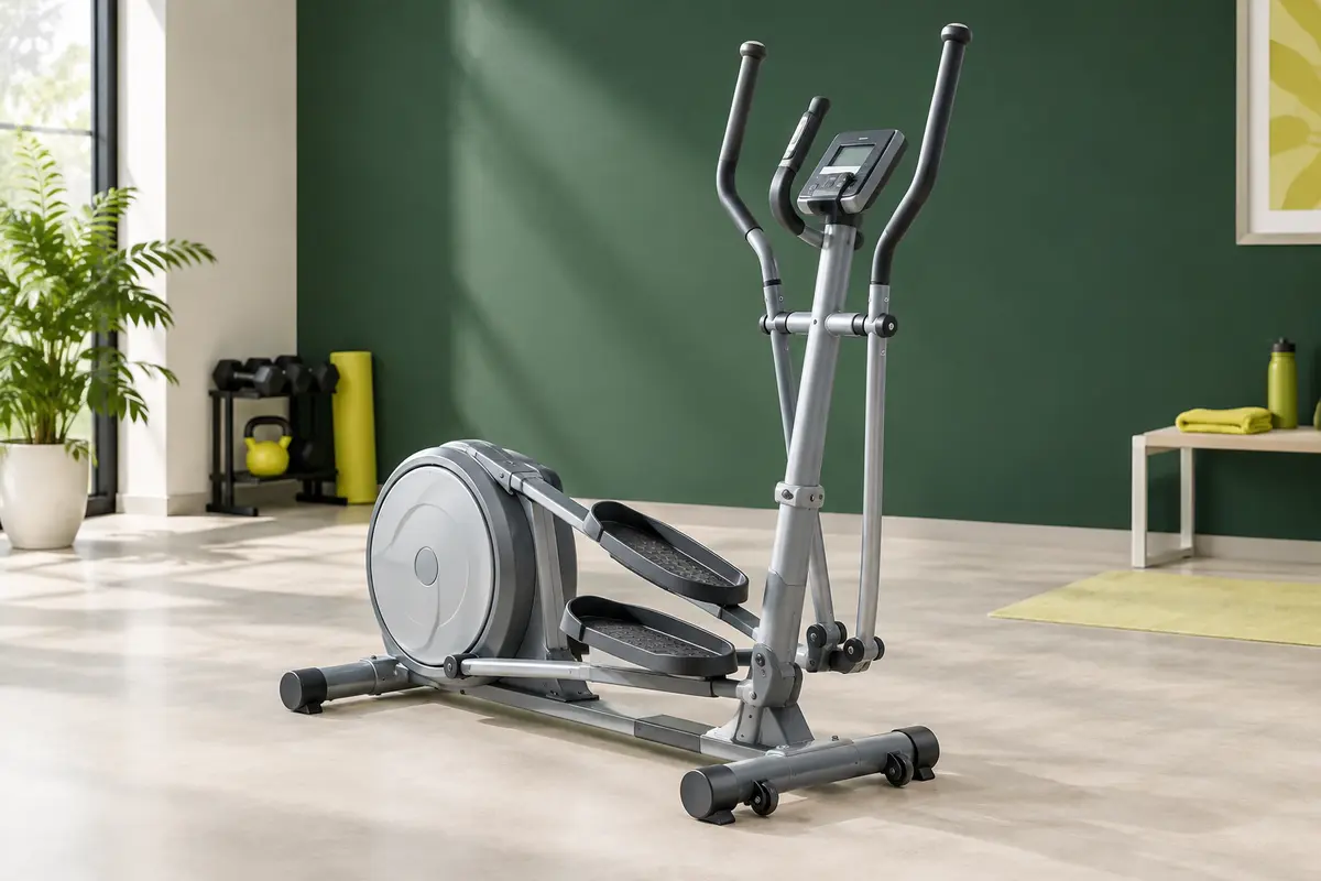 Vélo elliptique compact gris avec écran LCD, pédales antidérapantes et roues de transport