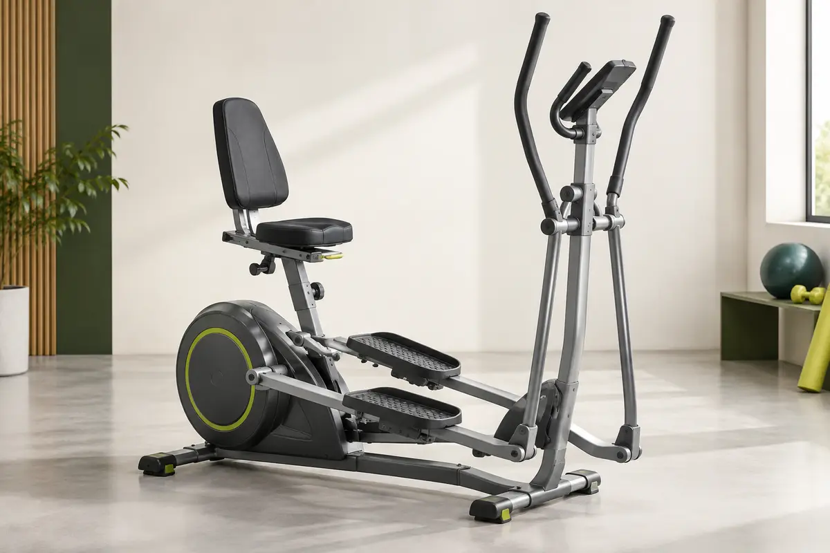 Vélo elliptique pliable gris à foulée glissée, avec pédales texturées et support réglable