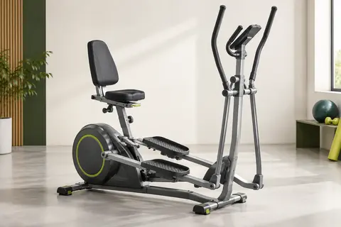 Vélo elliptique pliable gris à foulée glissée, avec pédales texturées et support réglable