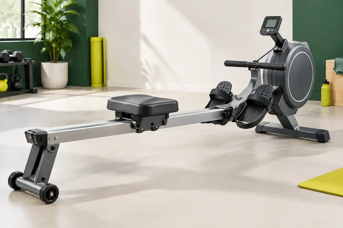 Rameur magnétique gris avec long rail en acier, siège rembourré et console LCD, présenté en studio