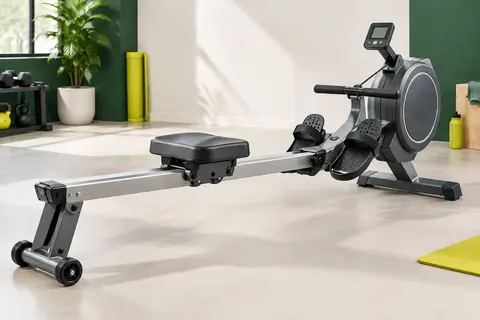 Rameur magnétique gris avec long rail en acier, siège rembourré et console LCD, présenté en studio