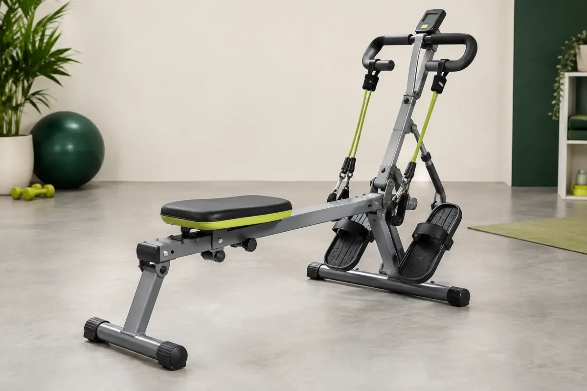 Station de squat et de tirage pliable grise avec siège, guidon, bandes de résistance et écran LCD