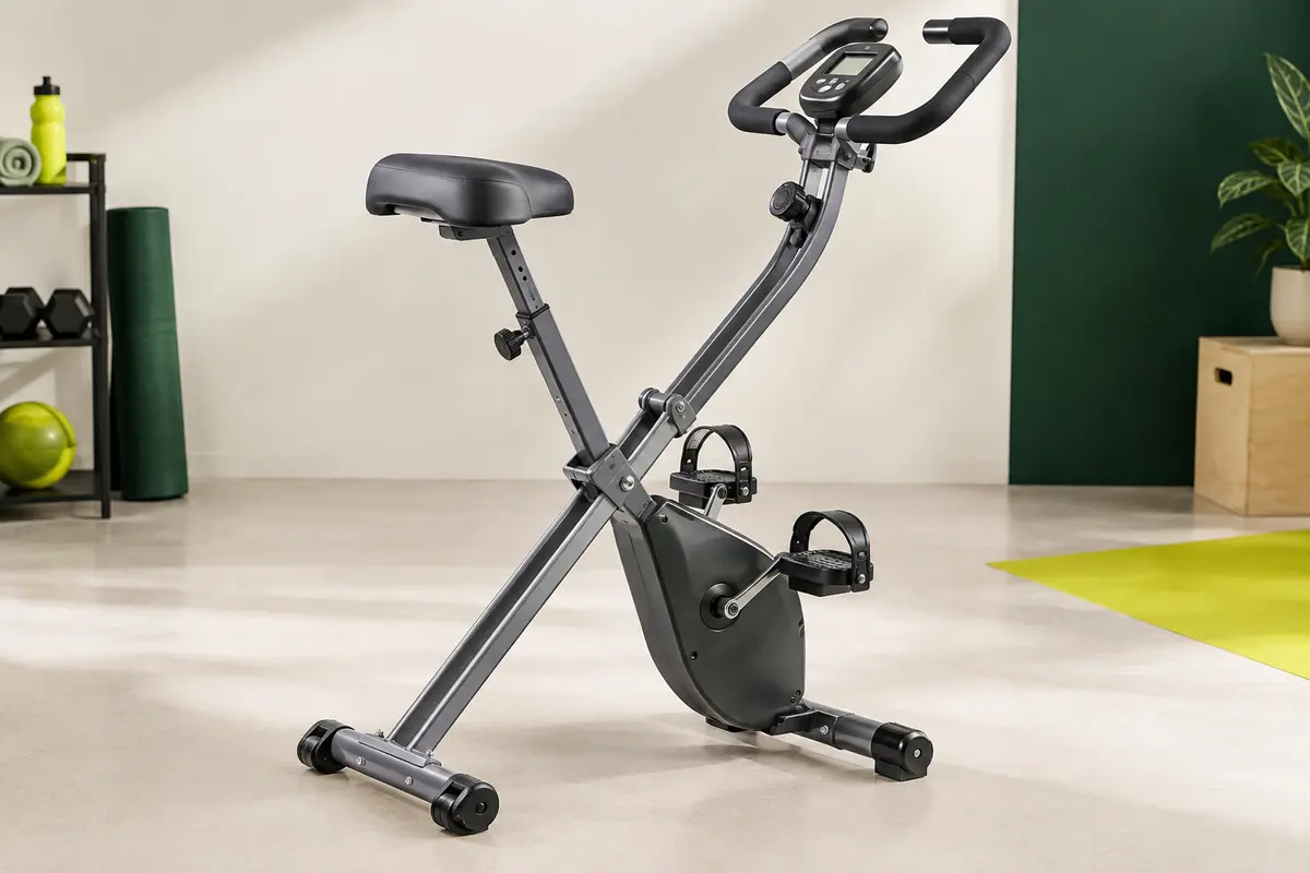 Vélo d’appartement droit gris pliable avec selle réglable, écran LCD et roulettes de déplacement