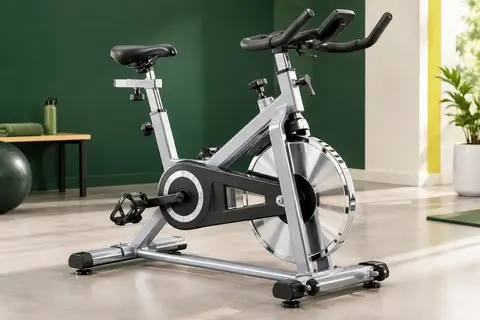 Vélo d’appartement argenté avec volant chromé, guidon multi-positions et stabilisateurs réglables.