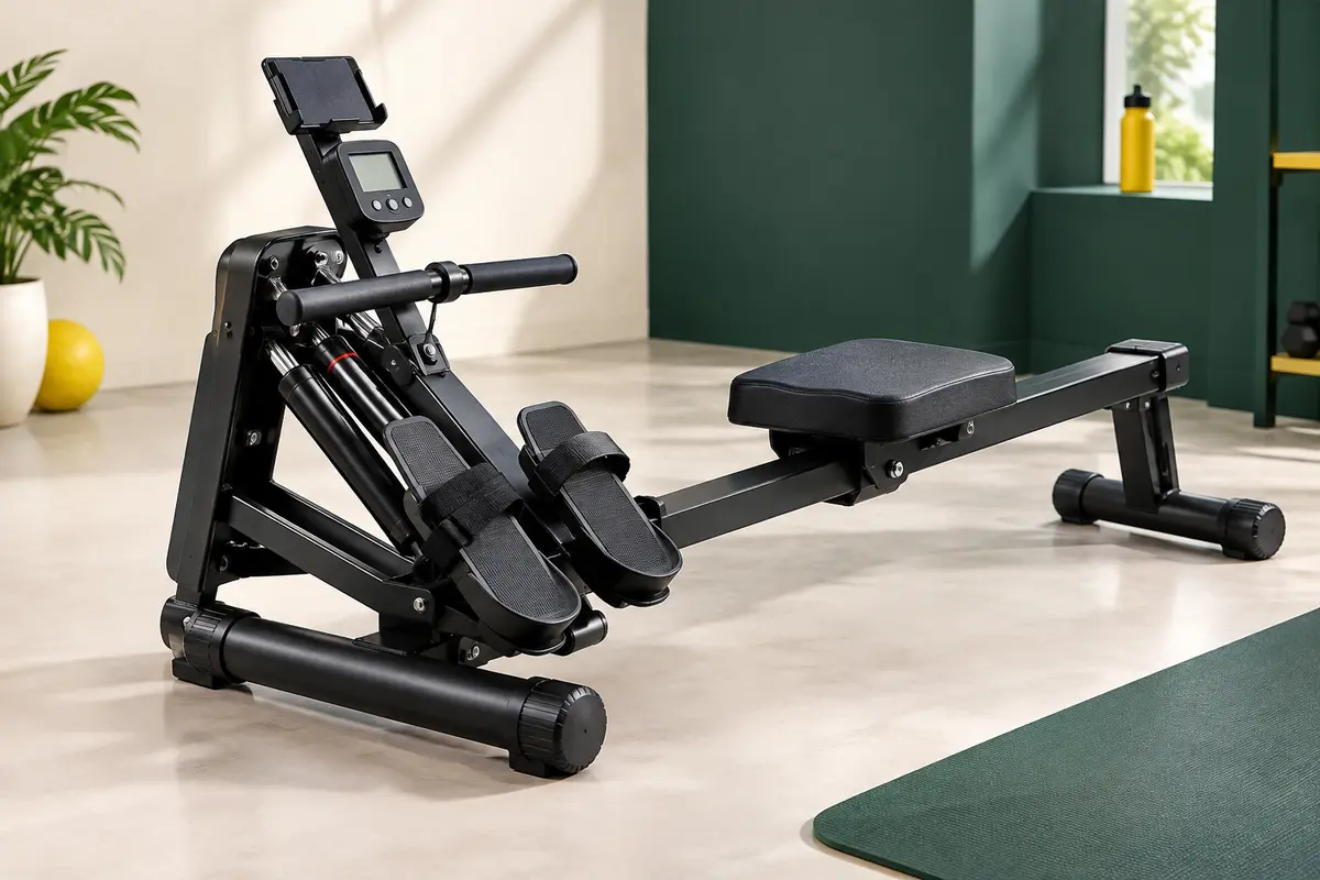 Rameur hydraulique compact noir avec siège rembourré, console LCD et support pour appareil