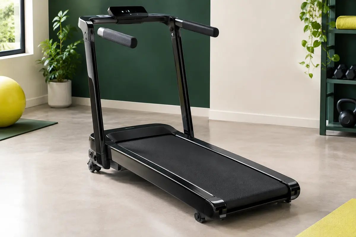 Tapis de marche pliable noir avec poignées et bande de course, photographié dans un studio clair.