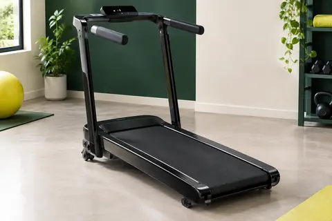 Tapis de marche pliable noir avec poignées et bande de course, photographié dans un studio clair.