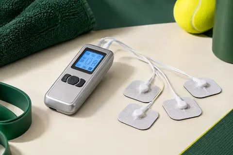 Électrostimulateur argenté TESMED Max 830 avec écran LCD et électrodes auto-adhésives