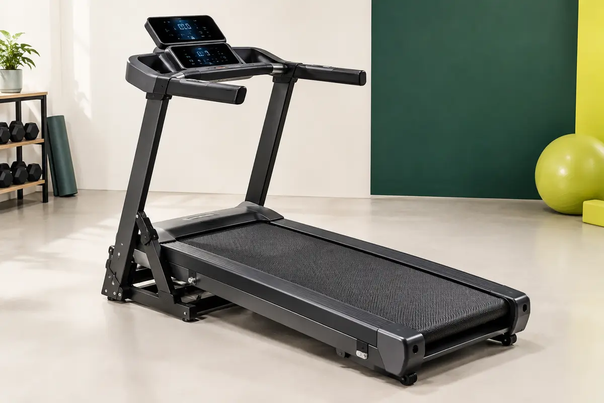Tapis de course pliable noir avec bande texturée, double écran LED et roues de transport