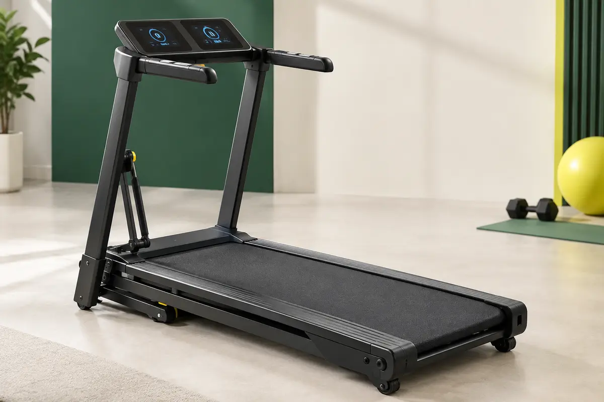 Tapis de course pliable noir avec bande large, double écran LED et capteurs, présenté en studio sportif sobre.