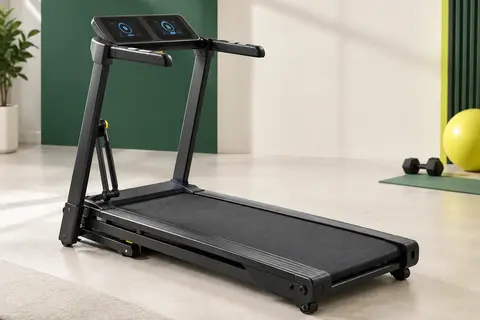 Tapis de course pliable noir avec bande large, double écran LED et capteurs, présenté en studio sportif sobre.