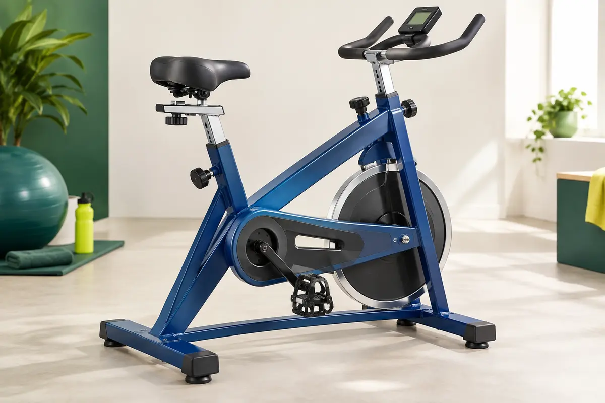 Vélo d’appartement Toputure bleu avec écran LCD, selle réglable et structure en métal
