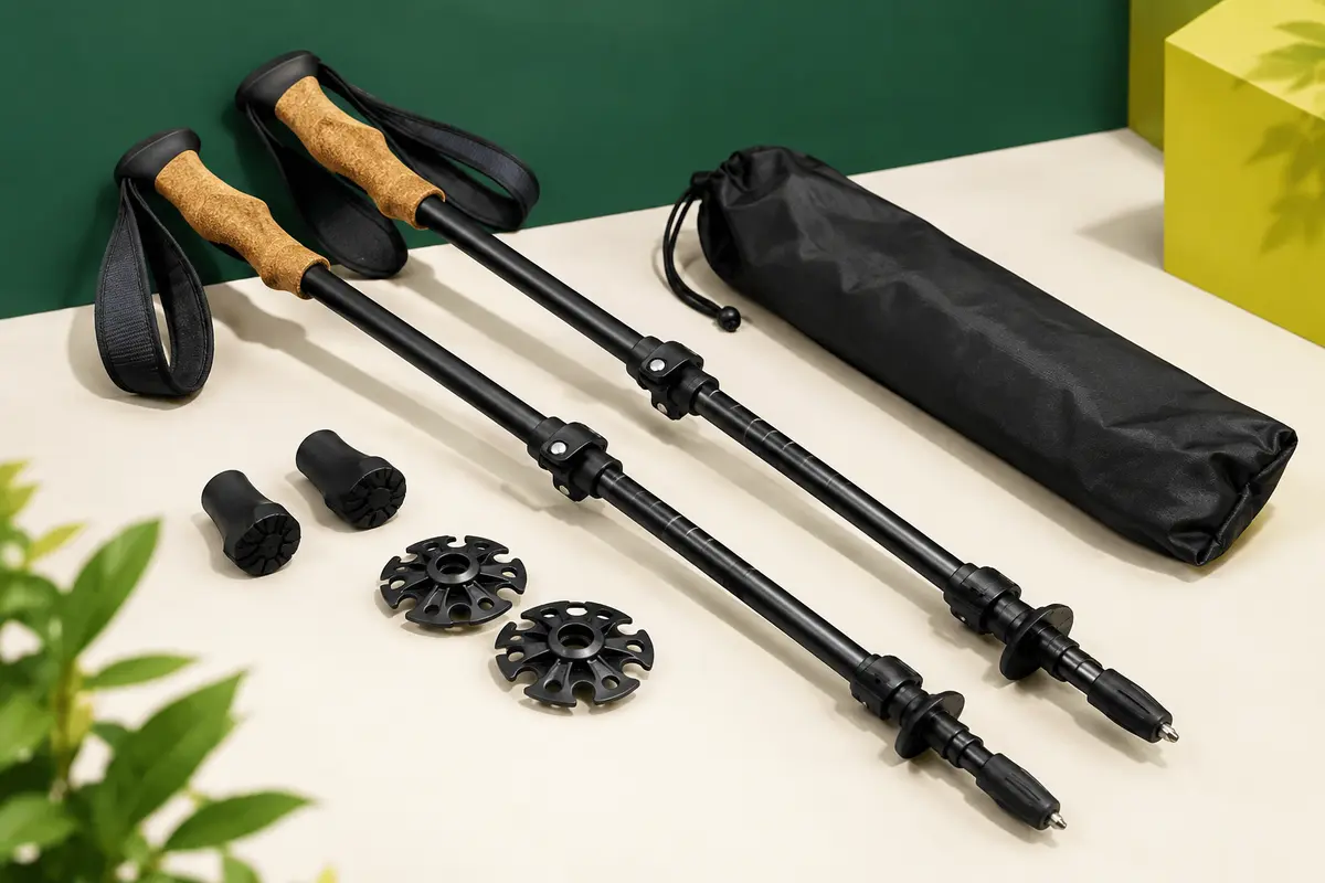 Paire de bâtons de randonnée noirs avec poignées en liège et accessoires sur fond vert sobre