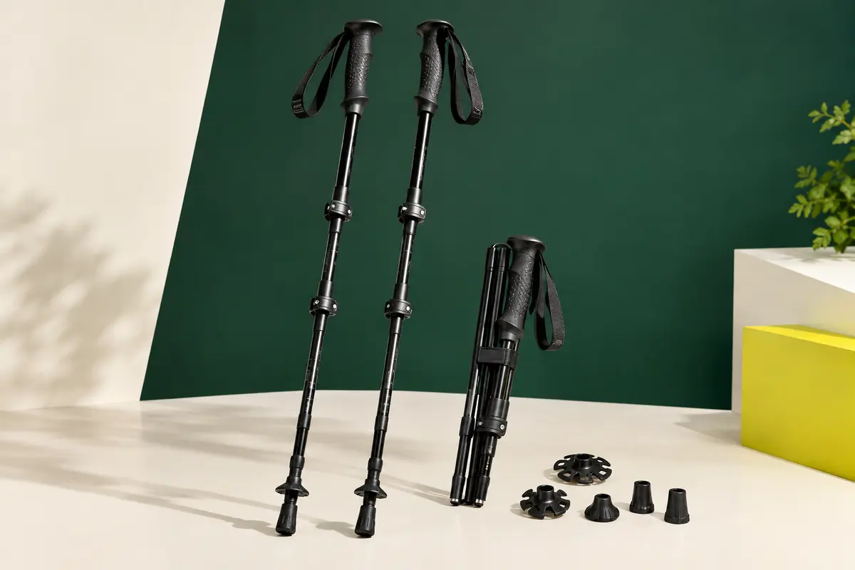 Paire de bâtons de randonnée pliants noirs avec clip de réglage et accessoires interchangeables