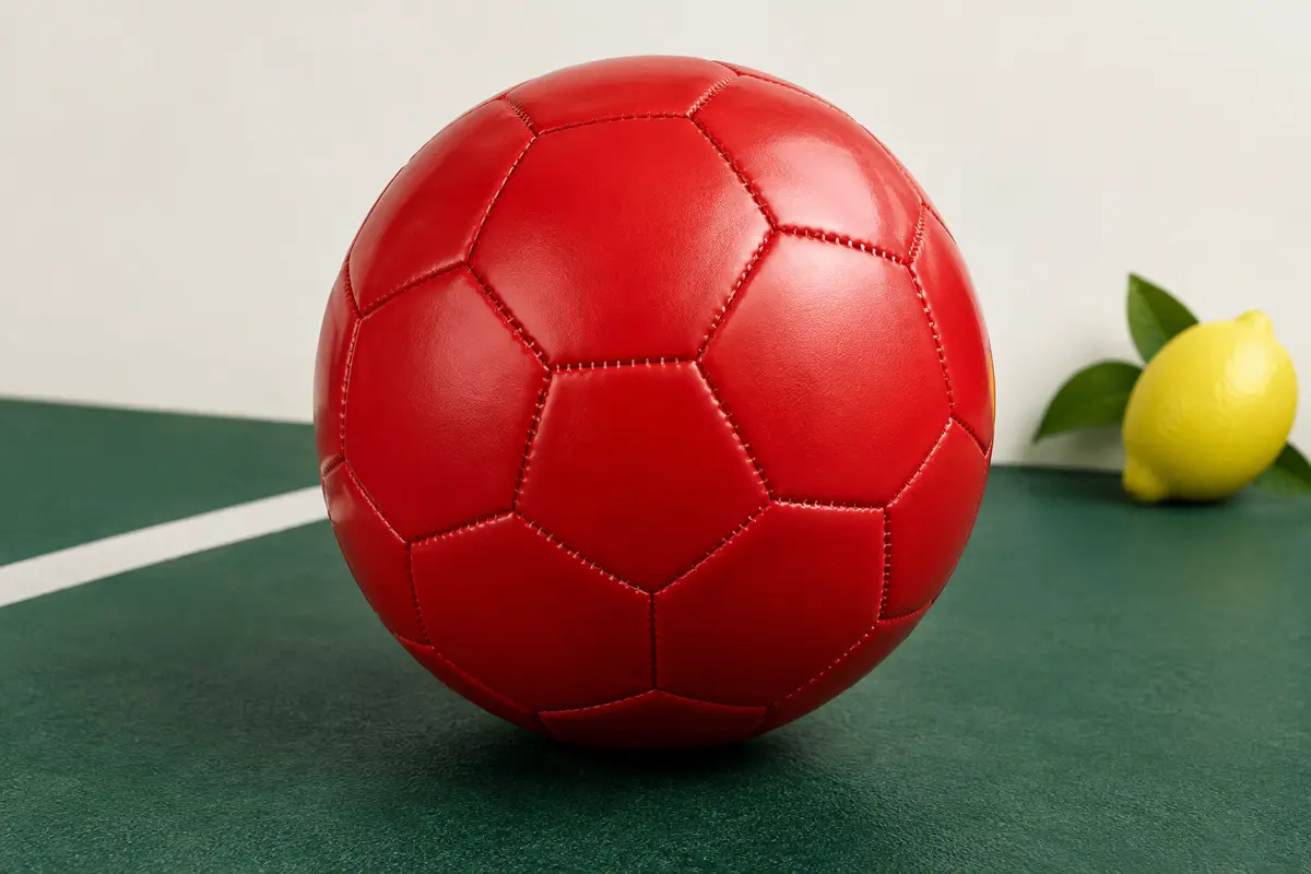 Ballon de football rouge taille 5, avec enveloppe en PU et coutures visibles entre ses panneaux