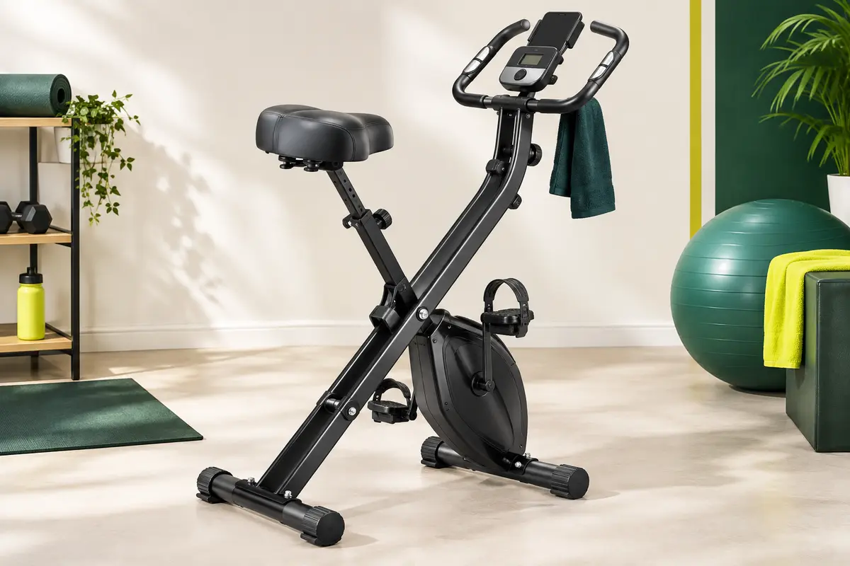 Vélo d’appartement pliable noir avec écran LCD, selle réglable et résistance magnétique