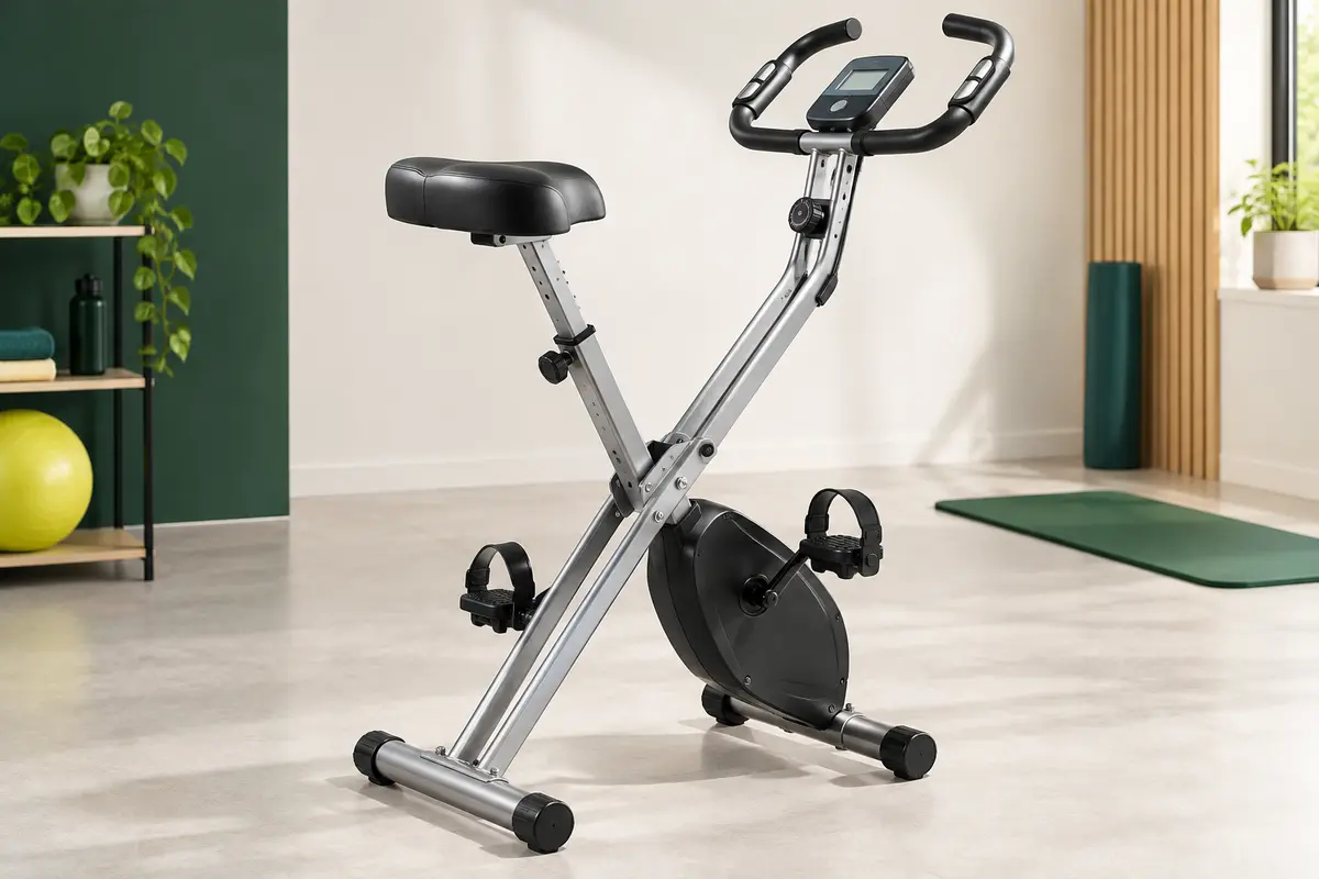 Vélo d’appartement pliable argent et noir avec selle réglable, guidon équipé de capteurs et écran LCD