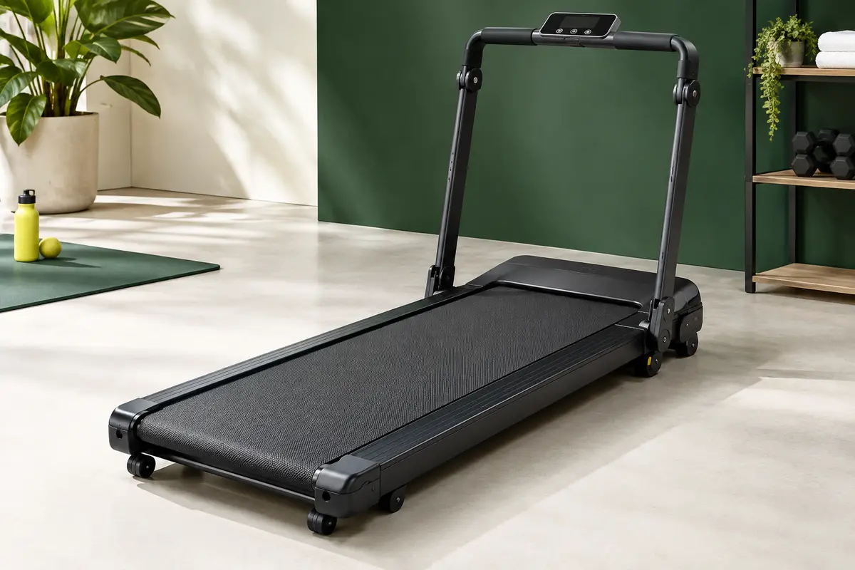 Tapis de course pliable noir mat avec accoudoirs et écran numérique, présenté dans un intérieur lumineux