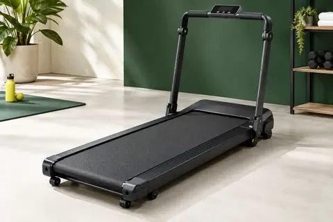 Tapis de course pliable noir UREVO avec bande compacte, poignée, écran et roulettes intégrées