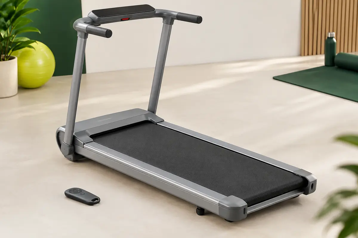 Tapis de marche pliable gris argent présenté déplié dans un studio sportif lumineux