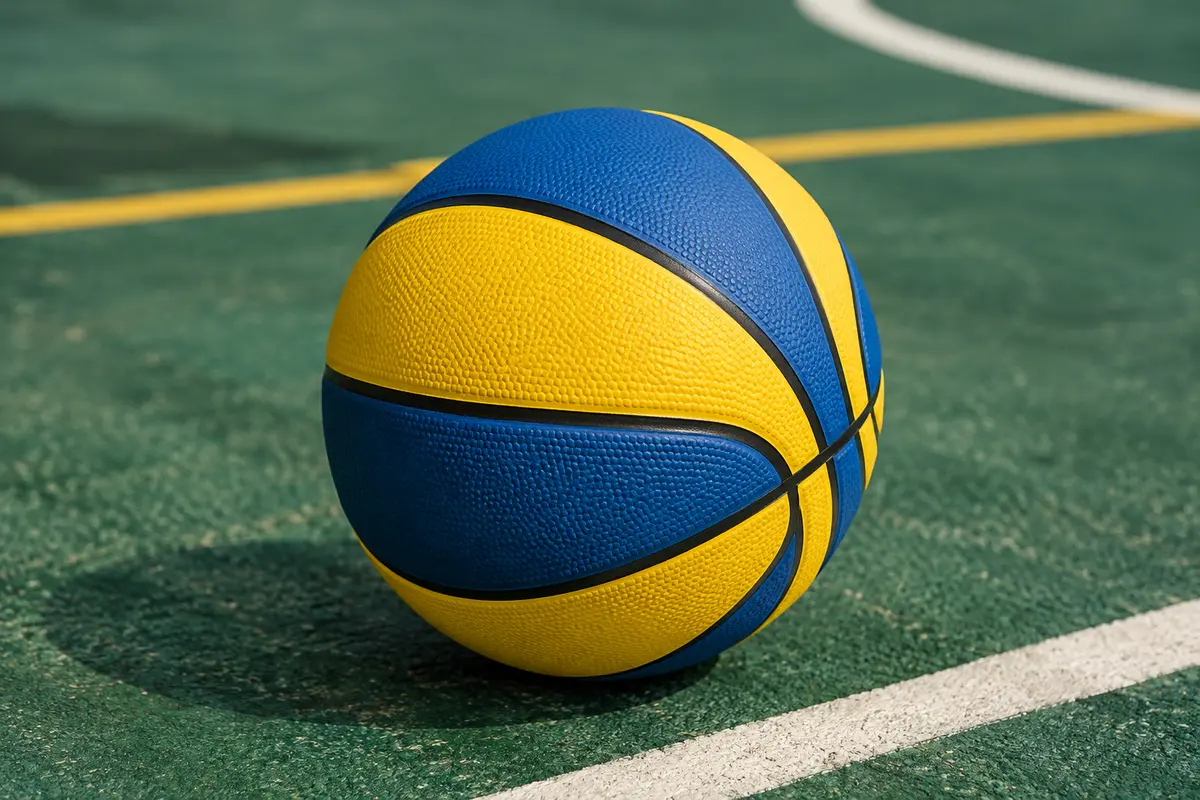 Ballon de basket bleu et jaune de taille 6 posé sur un sol sportif sobre, avec sa surface texturée visible.